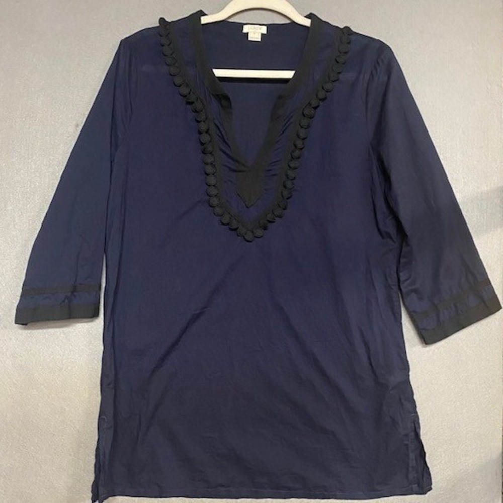 J.Crew Womens Size M Navy Cotton Bobble Trim Split Neck Tunic Top Lightweight